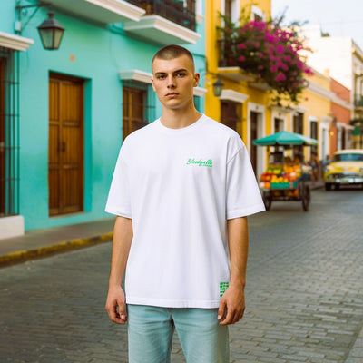 White and Neon Green Flock Bloodyelle Signature T-Shirt