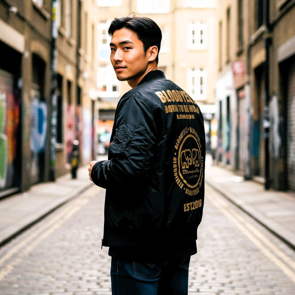 Black Infinity Bomber Jacket  with Metallic Gold Emblem