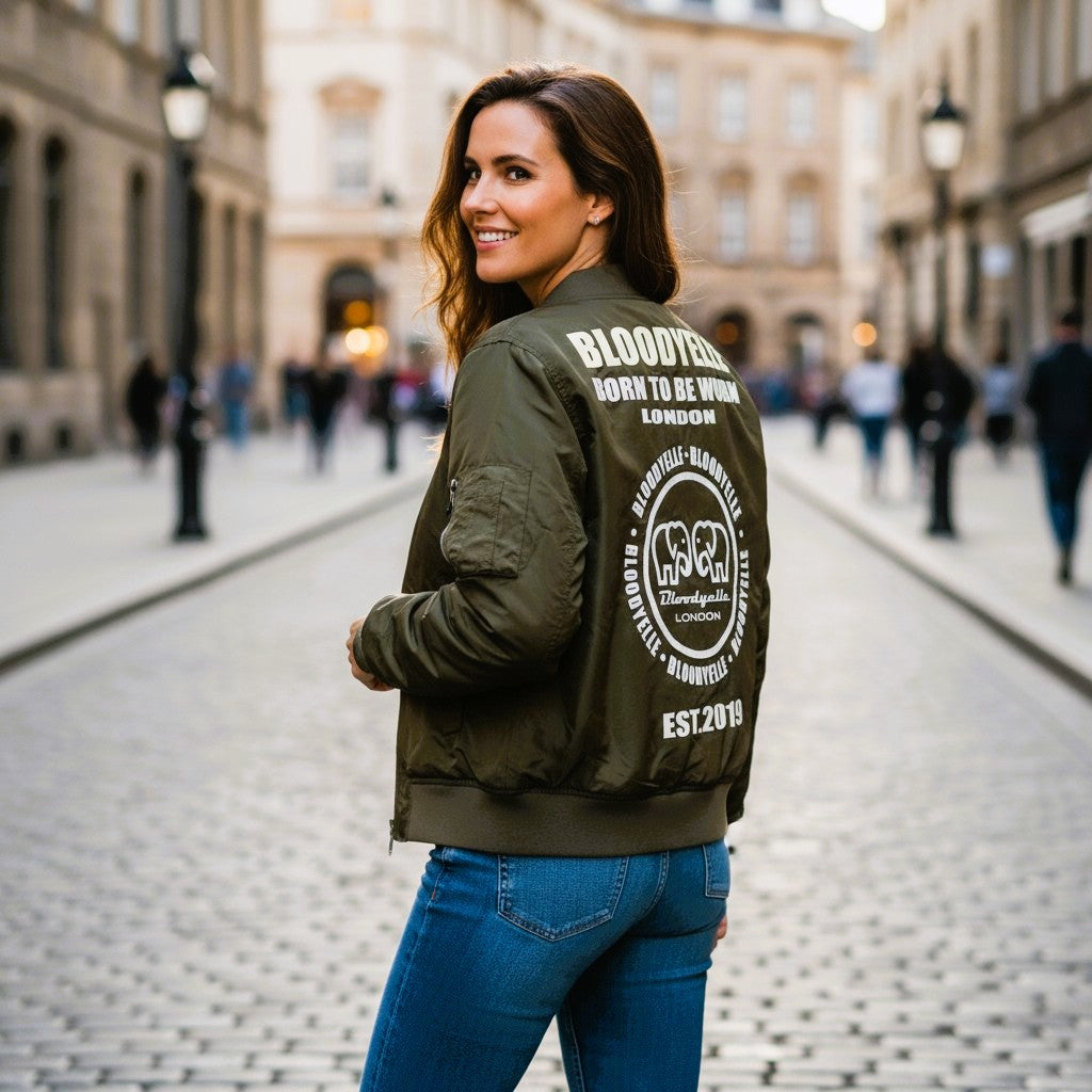 Khaki Infinity Bomber Jacket with Pale Gold Metallic  Emblem