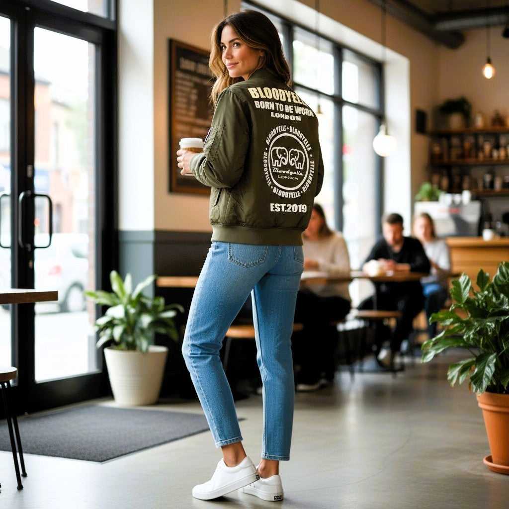 Khaki Infinity Bomber Jacket with Pale Gold Metallic  Emblem