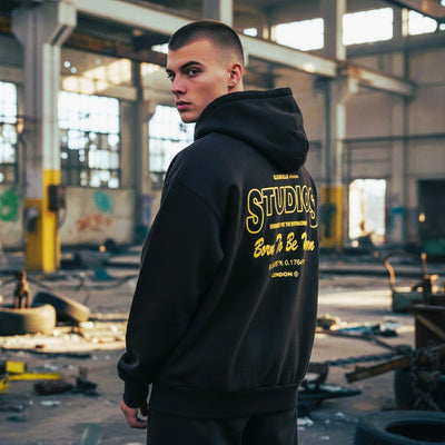 Black & Gold Puff Print Hoodie – Premium Oversized Streetwear