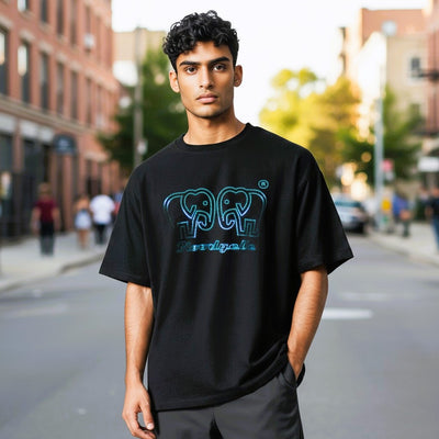Black with Metallic Blue logo Elephant Dot T-Shirt