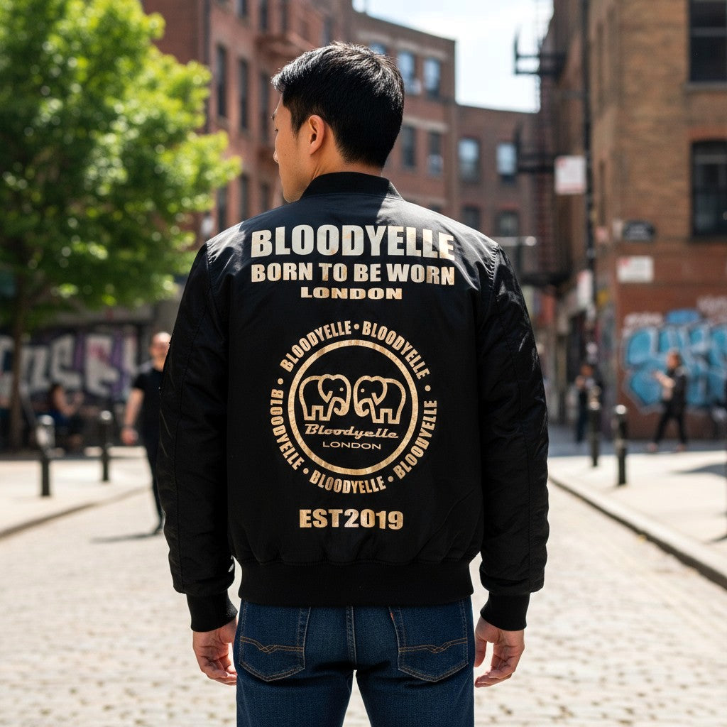Black Infinity Bomber Jacket  with Metallic Gold Emblem
