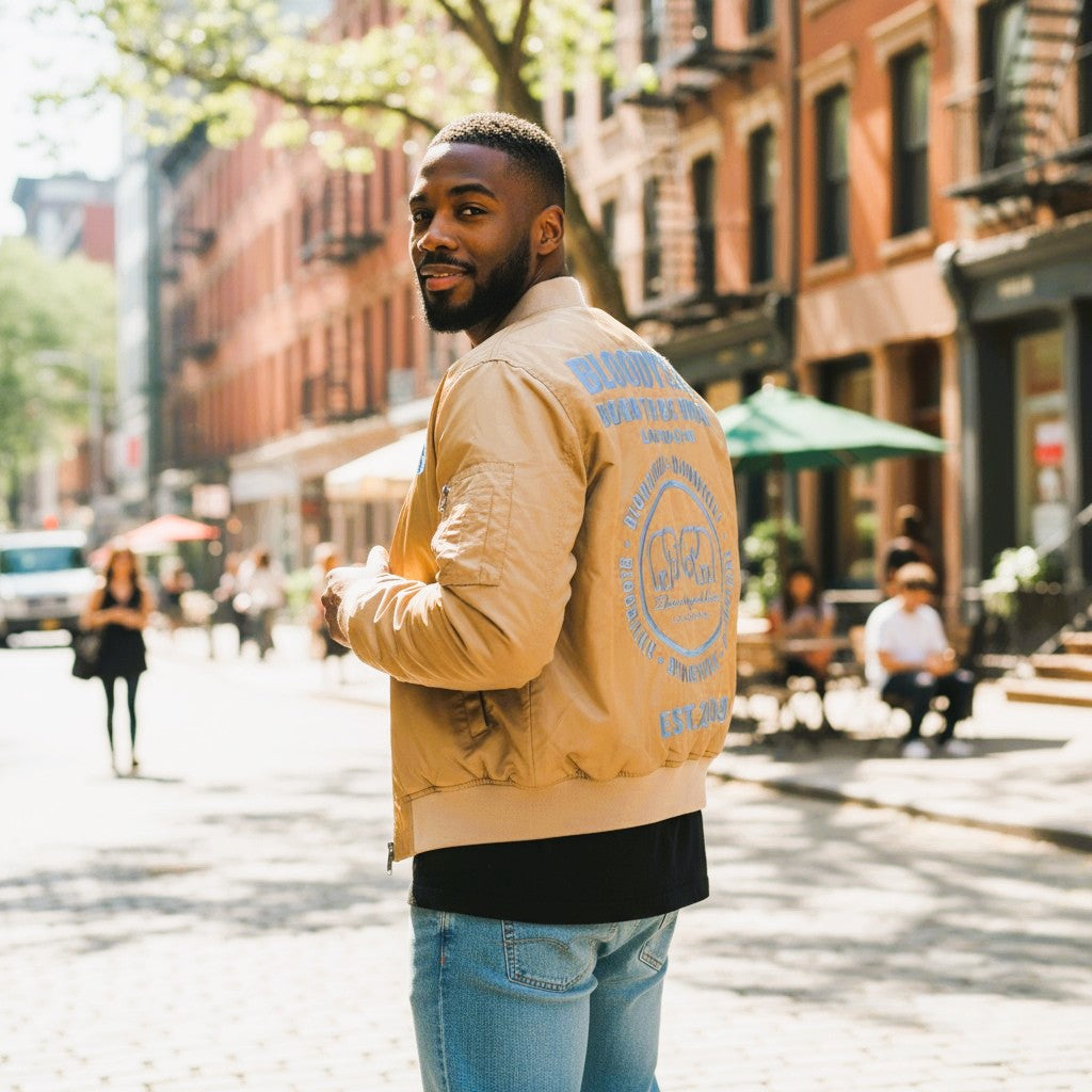Beige Infinity Jacket with our Metallic Blue Emblem