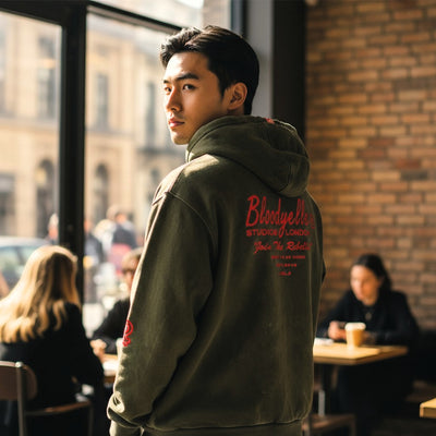 Premium Heavyweight Washed Black and Red Flock Hoodie