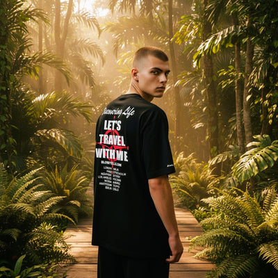Discovering Life -Bloodyelle  Black T-Shirt with Glowing the Dark and Neon Red