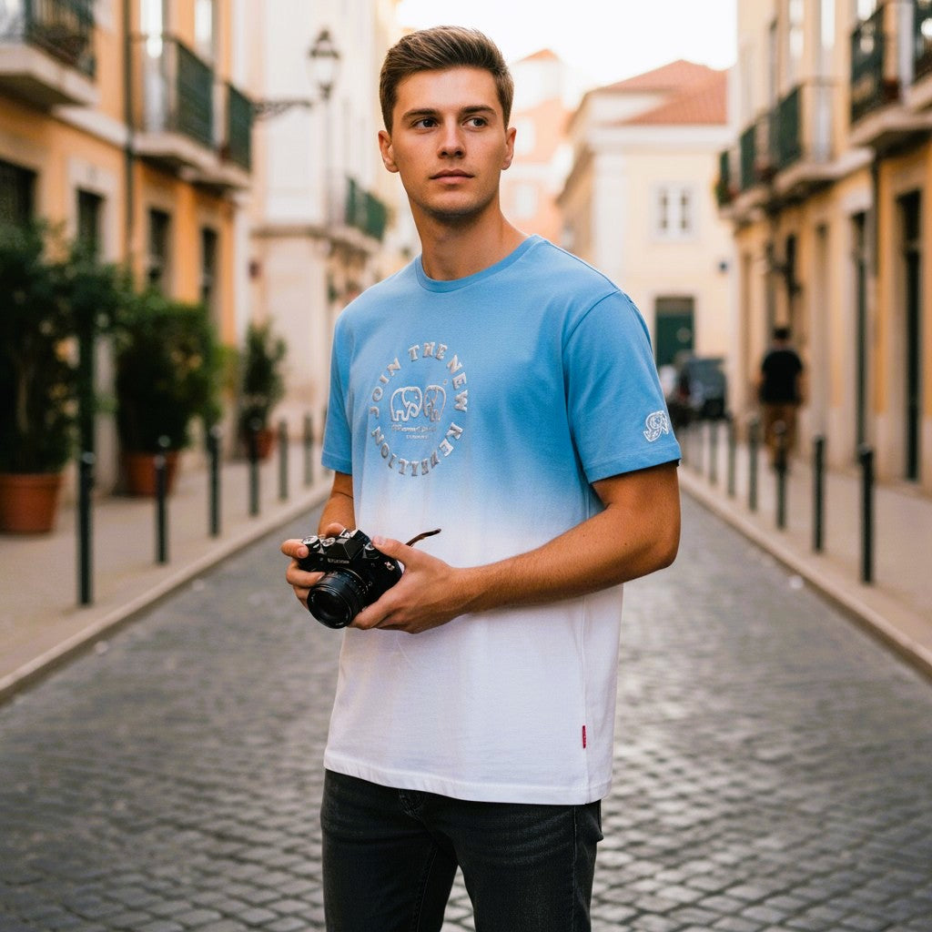 Medium Logo Aqua Blue and Silver Puff T-Shirt