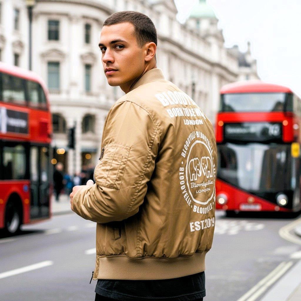 Beige Infinity Bomber Jacket with Pale Gold Metallic Emblem