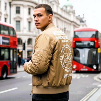 Beige Infinity Bomber Jacket with Pale Gold Metallic Emblem