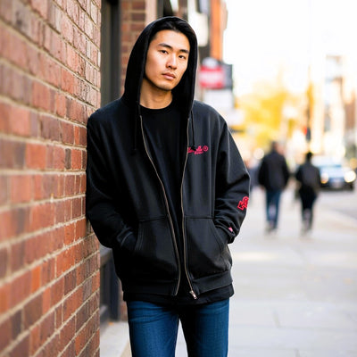 Premium Heavyweight Washed Black and Red Flock Hoodie