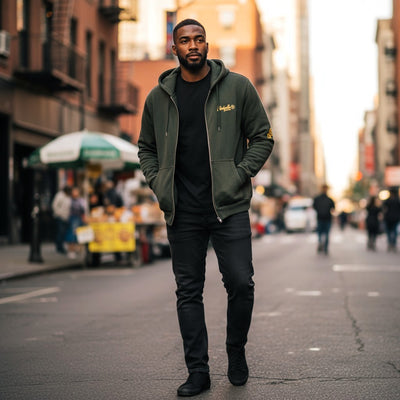 Premium Heavyweight Washes Black and Gold Flock Hoodie