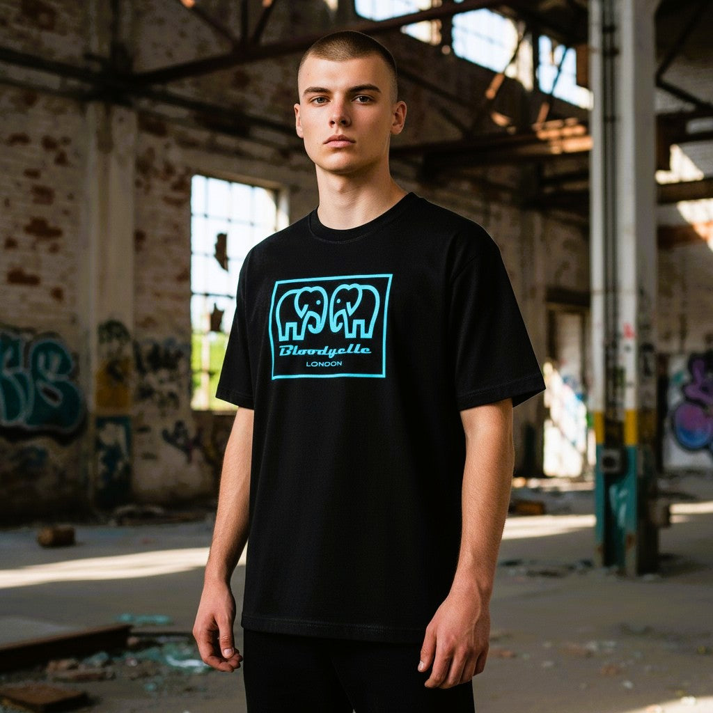 Elephant Box Outline Black with Neon Blue Flock Logo T-Shirt