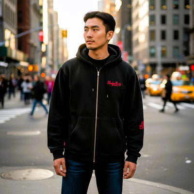 Premium Heavyweight Washed Black and Red Flock Hoodie