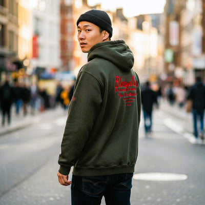 Premium Heavyweight Washed Black and Red Flock Hoodie