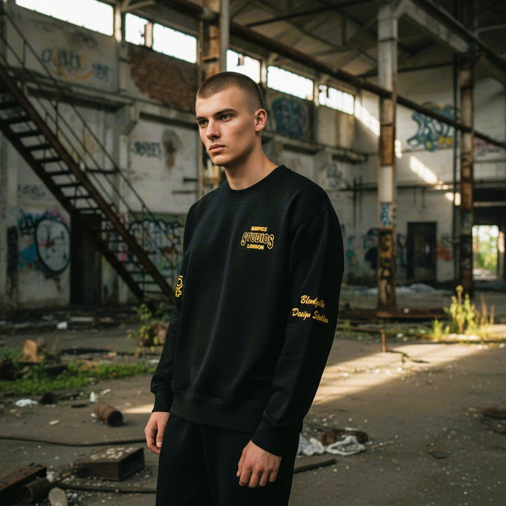 Black & Gold Oversized Streetwear Sweatshirt – Bold Graphic Crewneck