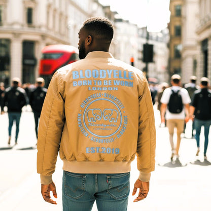 Beige Infinity Jacket with our Metallic Blue Emblem