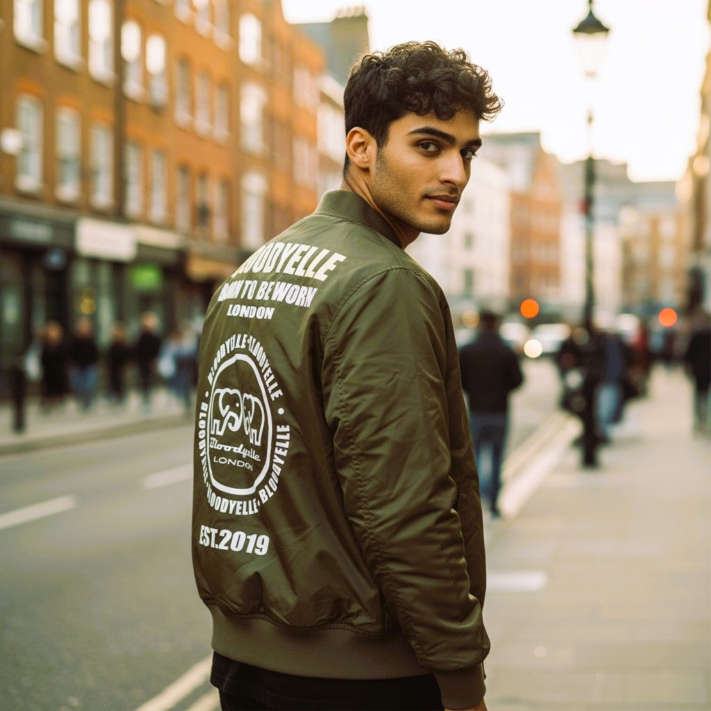 Khaki Infinity Bomber Jacket with Pale Gold Metallic  Emblem