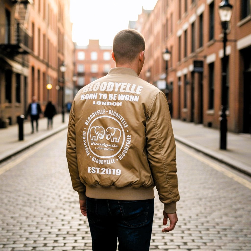 Beige Infinity Bomber Jacket with Pale Gold Metallic Emblem